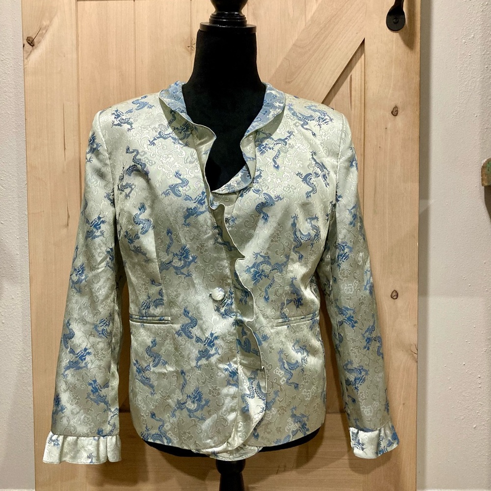 Women's Dragon & Rose Jacket Ruffle Edges Button Front Y2K Style Light Green - Picture 15 of 16